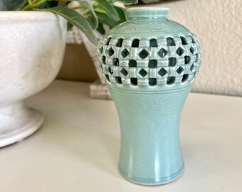 Korean Porcelain Crackle Glazed Celadon Reticulated Vase, Basket Weave Double Walled - Signed TYCAALAK