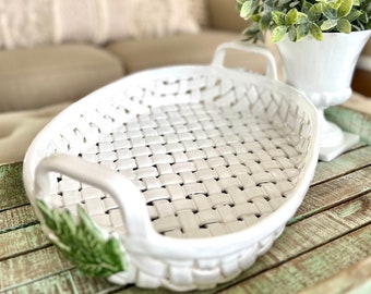 Vintage White Rectangle Ceramic Woven Centerpiece Tray Made in Portugal with Green Leaf Accents, 2 Handled Earthenware TYCAALAK