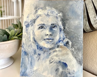 Original Oil on Canvas Paintings Shirley Spute Stone, Blue White and Gray, Children Little Girl 11"x14" Nursery TYCAALAK