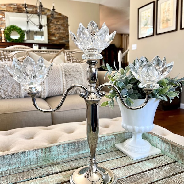 Godinger Silverplate Faceted Crystal Lotus 3 Arm Candelabra, Elegant 3 Arm Candelabra, Candle Holders Wedding TYCAALAK