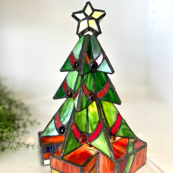 Vintage Illuminated Stained Glass Christmas Tree w/ Presents, Light Up, Table Light, Christmas, Accent Table Lamp TYCAALAK