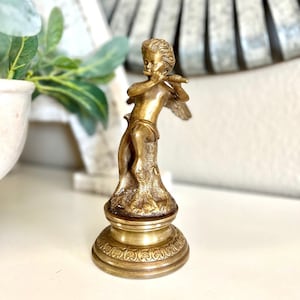 Vintage Brass Cherub Playing Flute, Angel Statue, Patina Brass, Hollywood Regency, Boudoir, Art Nouveau TYCAALAK