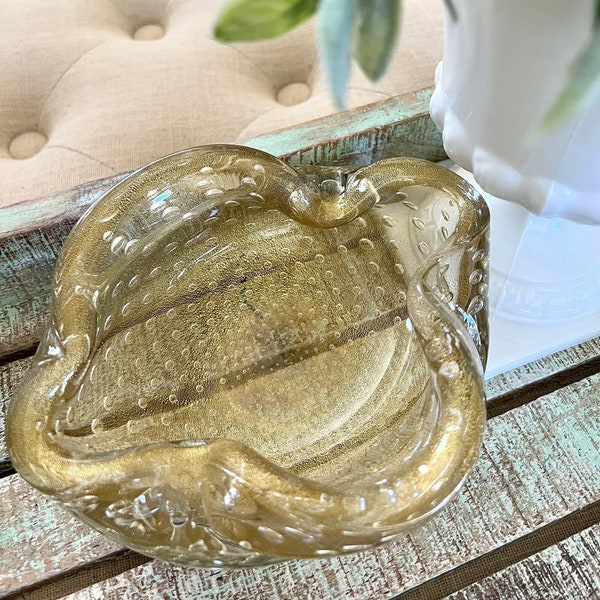 Vintage Murano Ashtray Bowl Biomorphic Pinched Glass Gold Flecks and Controlled Bubbles TYCAALAK