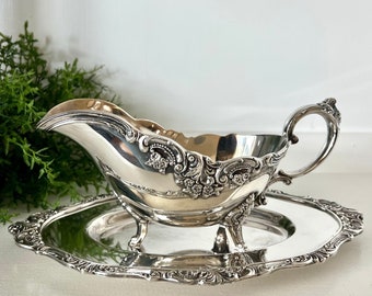 Wallace Baroque Silverplate Gravy Boat and Underplate Ornate Scroll Elegant Design TYCAALAK