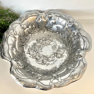 Arthur Court Aluminum Hollowware BUNNIES Collection Large Serving Bowl / Salad Bowl, Baby Shower Easter Spring TYCAALAK