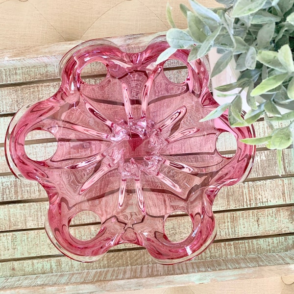 Josef Hospodka Chribska Glassworks Czech Pink or Cranberry Clear Centerpiece Dish Bowl Free Form Bohemia Art Glass TYCAALAK