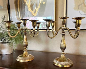 Stunning Pair of 5 Arm Brass Candelabras, Ornate Base and Raised Dot Design, Candle Holder, Hollywood Regency, MCM, Wedding TYCAALAK