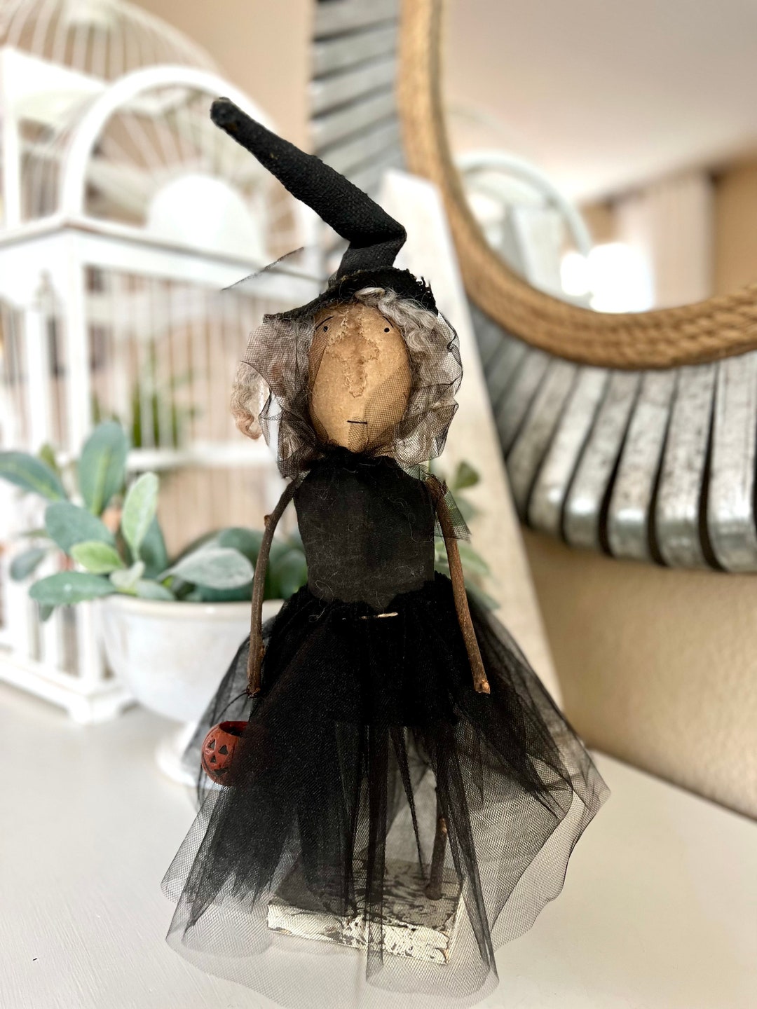Vintage Primitive Witch Doll With Pumpkin Trick or Treat Basket ...