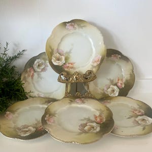 RS Germany Floral Hand Painted Porcelain Dessert / Bread Butter Plates, Pink White Chartreuse,  Scalloped Edge, Gold Trim, Set of 6 TYCAALAK