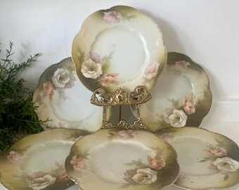RS Germany Floral Hand Painted Porcelain Dessert / Bread Butter Plates, Pink White Chartreuse,  Scalloped Edge, Gold Trim, Set of 6 TYCAALAK