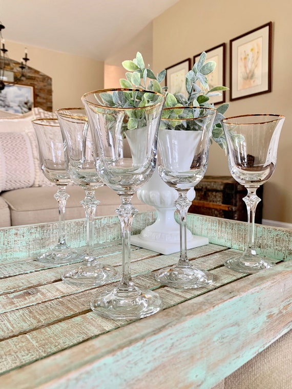 Set of Four Crystal Wine Glass Smaller Cut Bowl Faceted Stem Square Base TYCAALAK