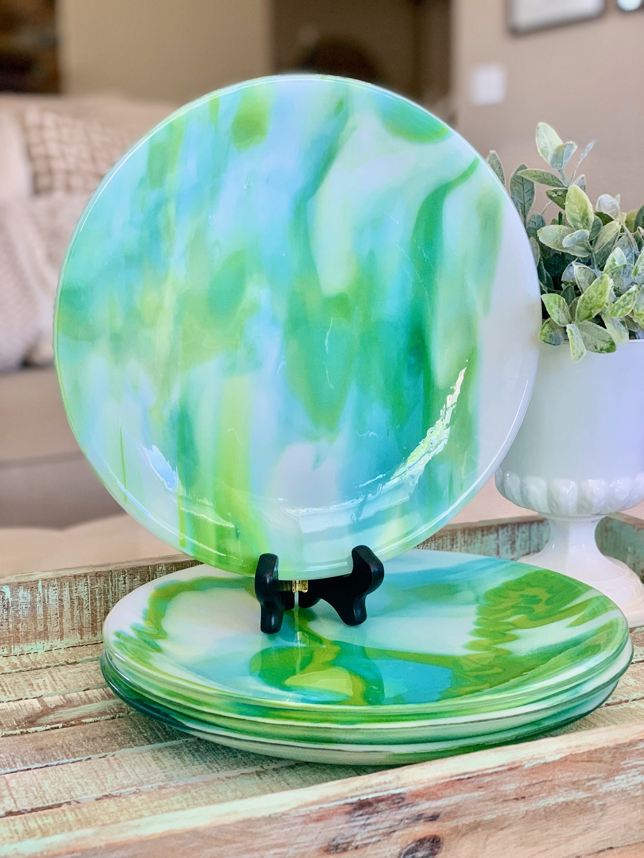 Art Glass Dinner Plates Set of Four Fused Art Glass Marble Etsy