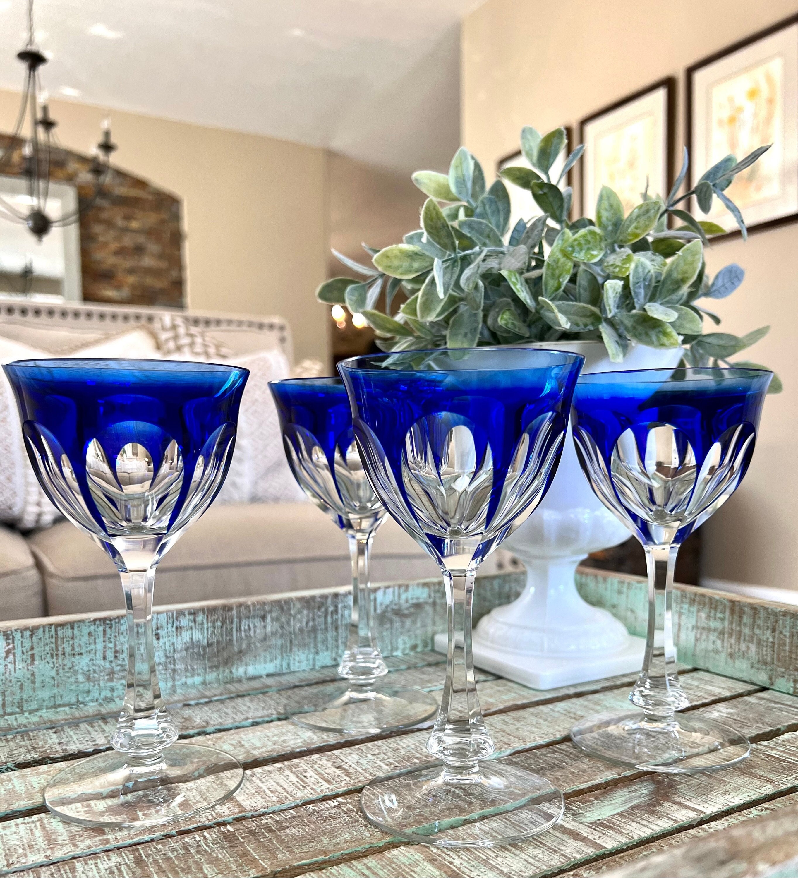 Cobalt Blue Goblets, 4 Blue Wine Glasses, Blue Wine Goblet