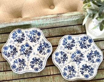 Pair of Antique Greenwood China Trenton NJ Porcelain 6 Well Oyster Plate, Blue Onion Pattern TYCAALAK