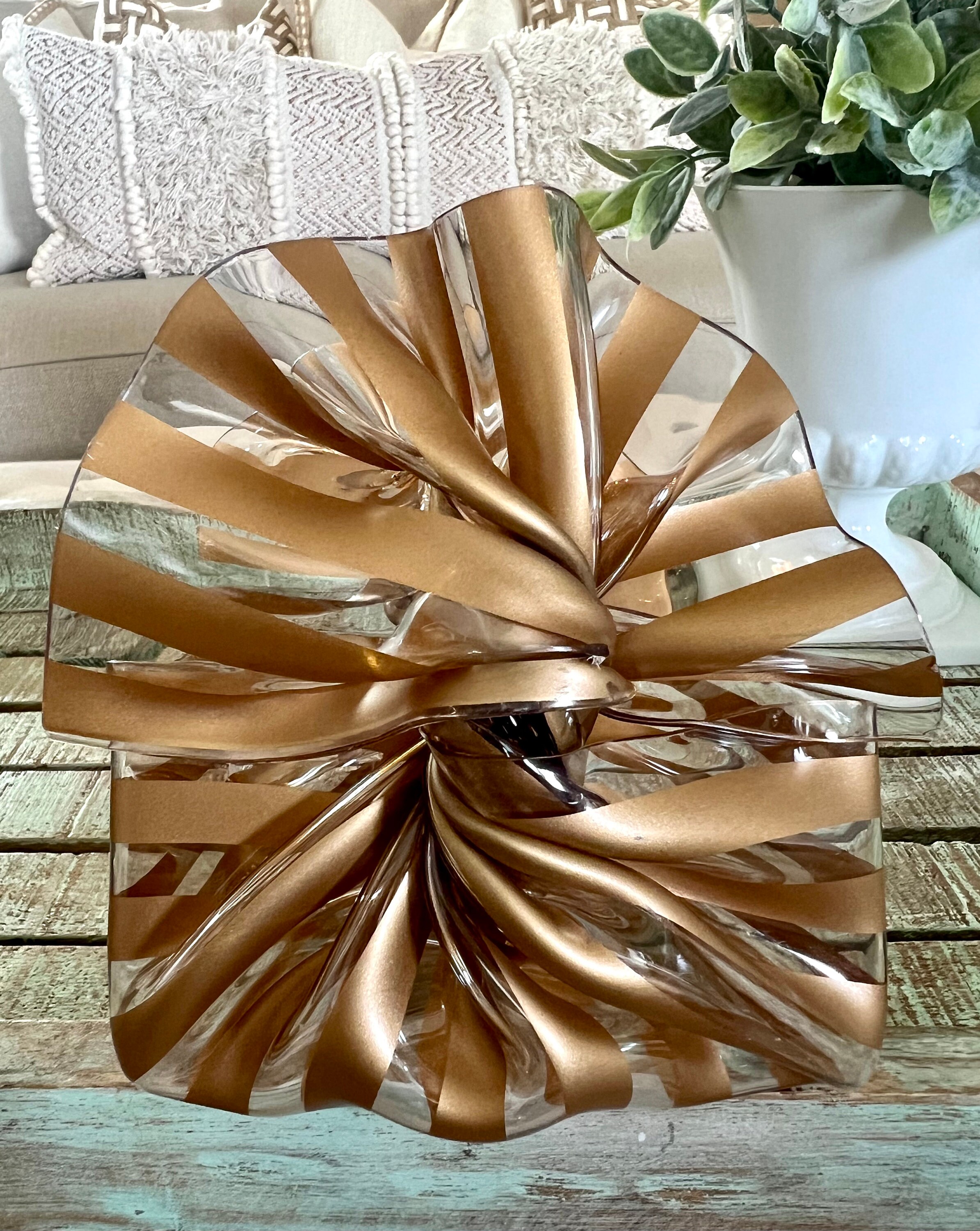 Singed Design CT Designs Vintage Acrylic Gold Ribbon Basket / Bowl Singed by Artist ...