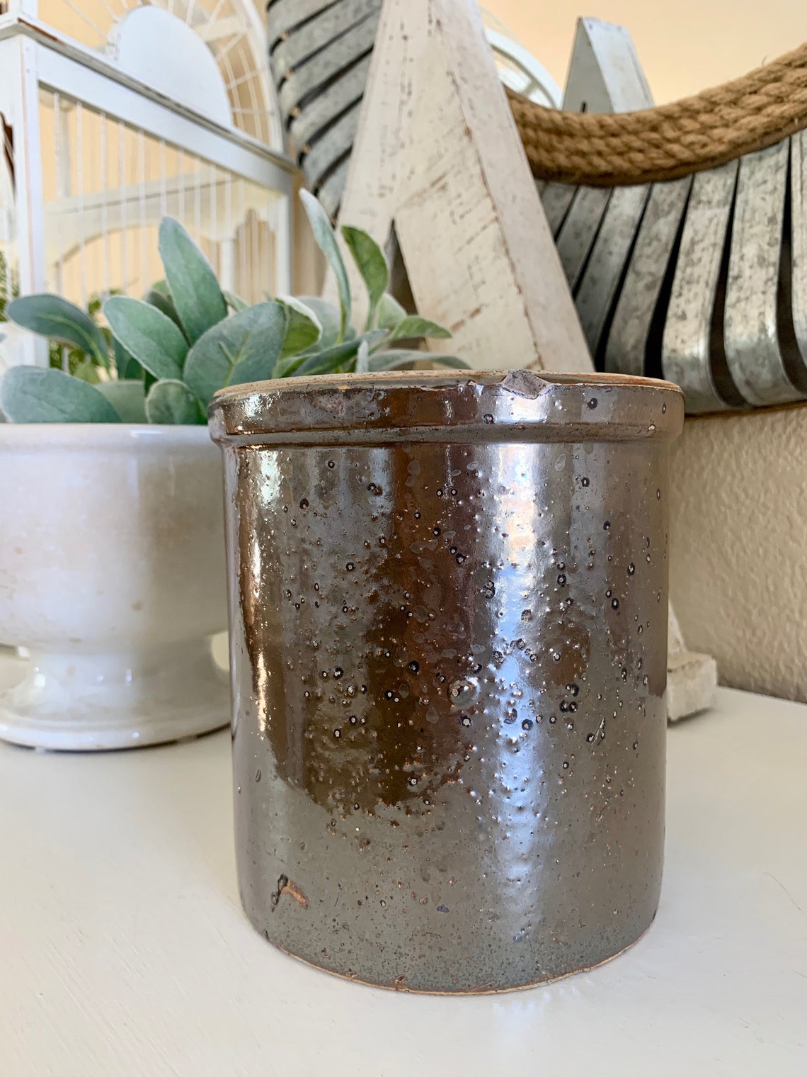 Rustic Dark Brown Crock Utensil Crock Stoneware Bumpy Shiny Etsy