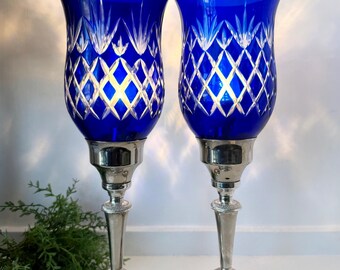 Pair of International Silver Cobalt Blue Cut to Clear Hurricane Style Electric Table Lamp, Silver Plate Silverplate TYCAALAK
