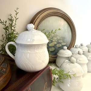 May include: White ceramic lidded jars and a mug with a textured, swirling design. The jars have a small, round knob on top. A framed painting and greenery are in the background.