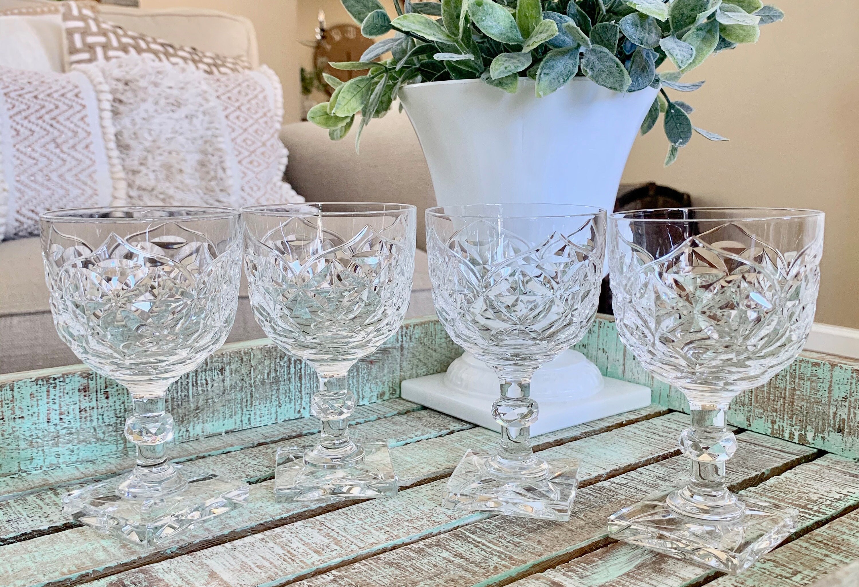 Set of Four Crystal Wine Glass Smaller Cut Bowl Faceted Stem Etsy