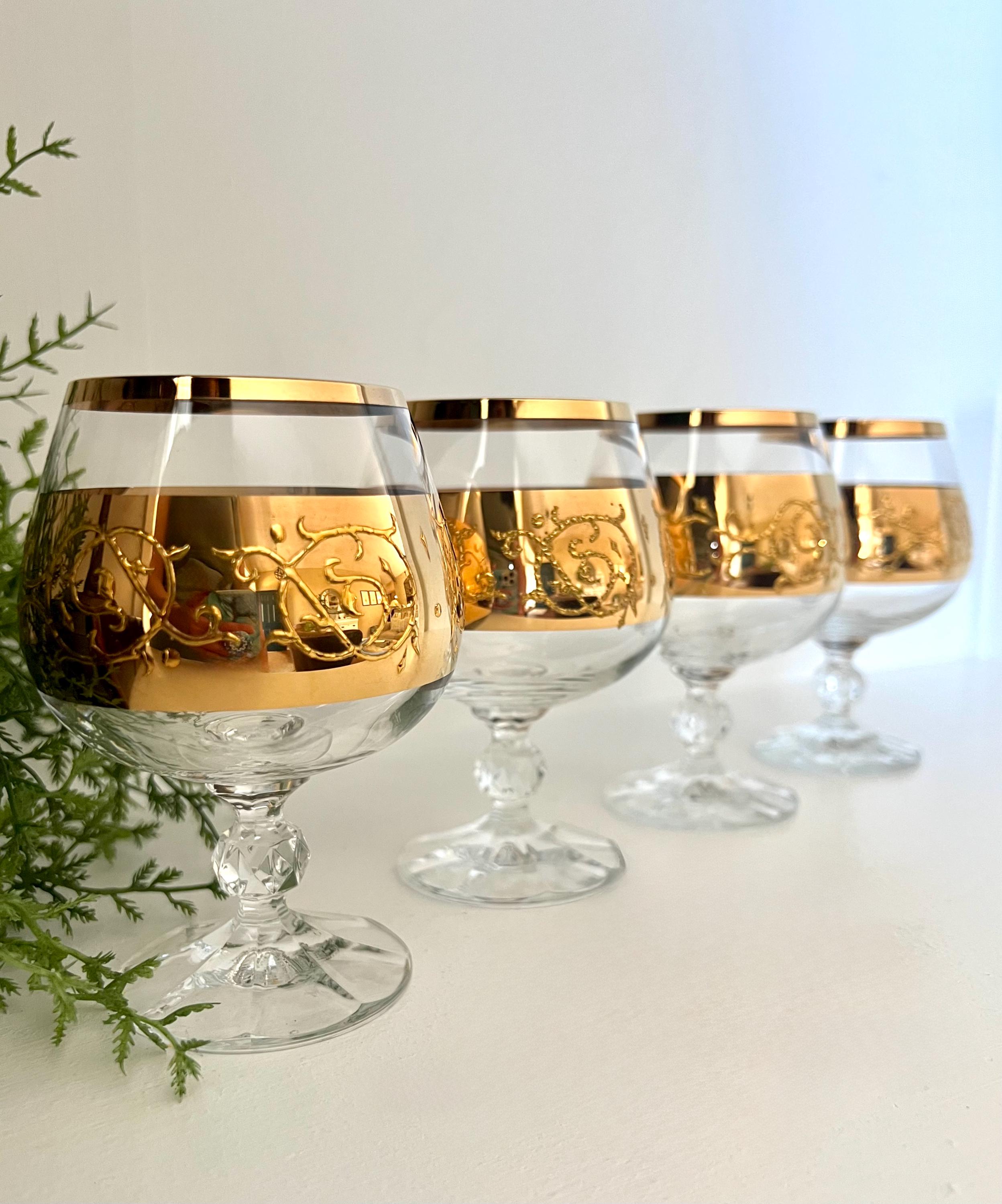 MCM Set of 4 Bohemian Crystalex Czech Cognac or Small Brandy Snifter, Brandy Glasses, Fathers Day, Gold Band, Faceted Stem TYCAALAK