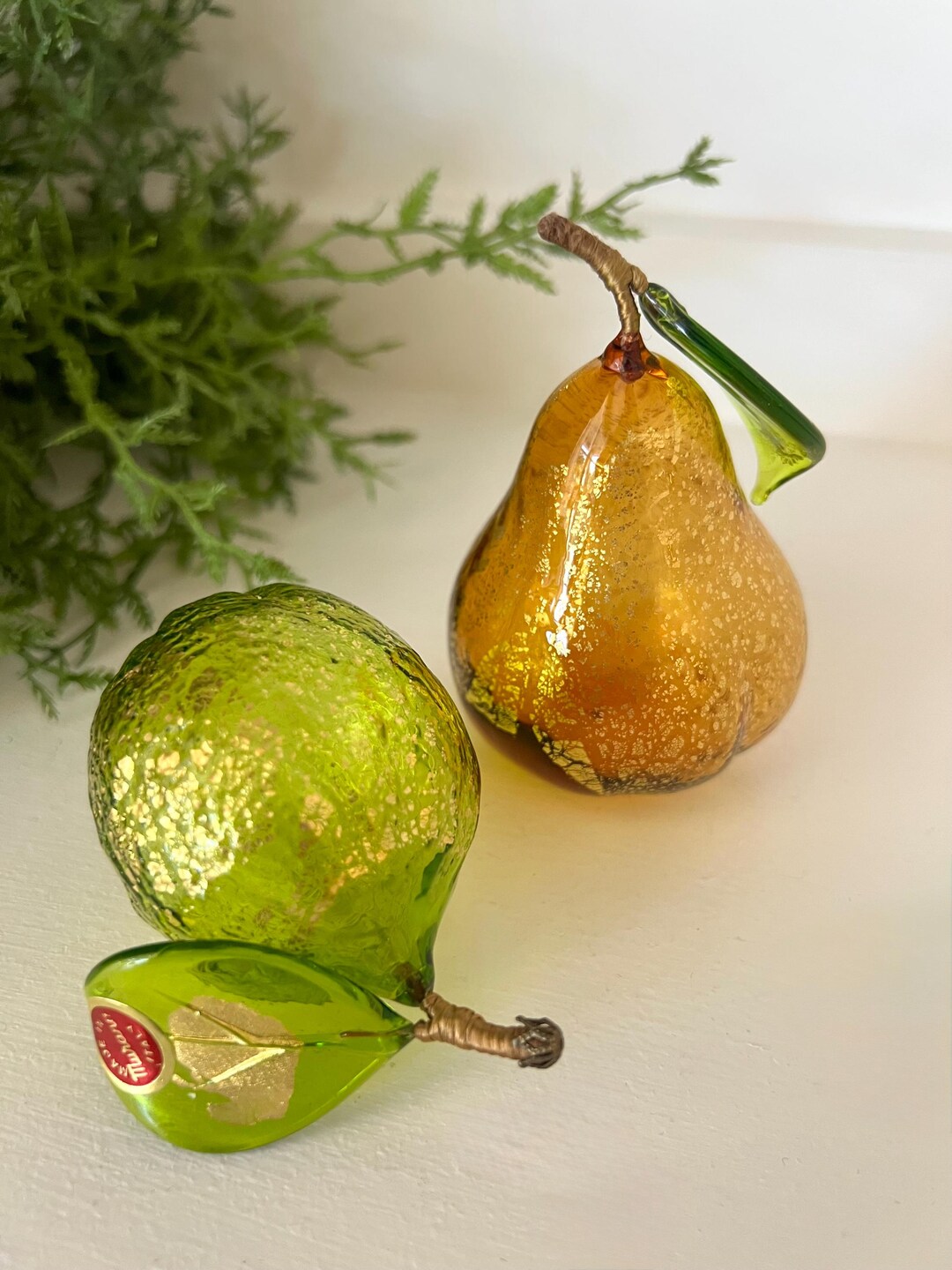 Vintage Dainty Murano Glass Hollow Amber Pear and Green Lime, Gold ...