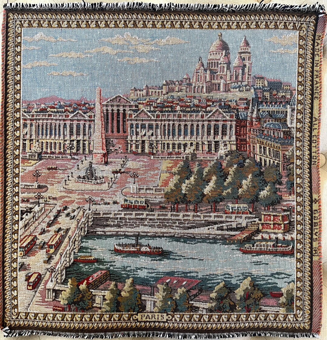 Vintage Woven French Tapestry Paris Seine River, Placedela Concode