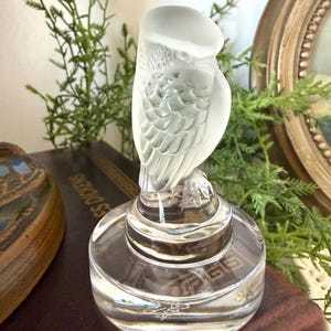 May include: A clear glass owl figurine with frosted details. The owl is perched atop a round, clear base. The figurine is on a dark brown surface with the text "ES DICKENS" visible. Decorative item.