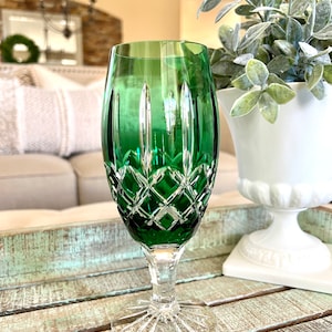 Ajka Crystal Emerald Green Cut to Clear Iced Tea Glass Arabella Pattern TYCAALAK