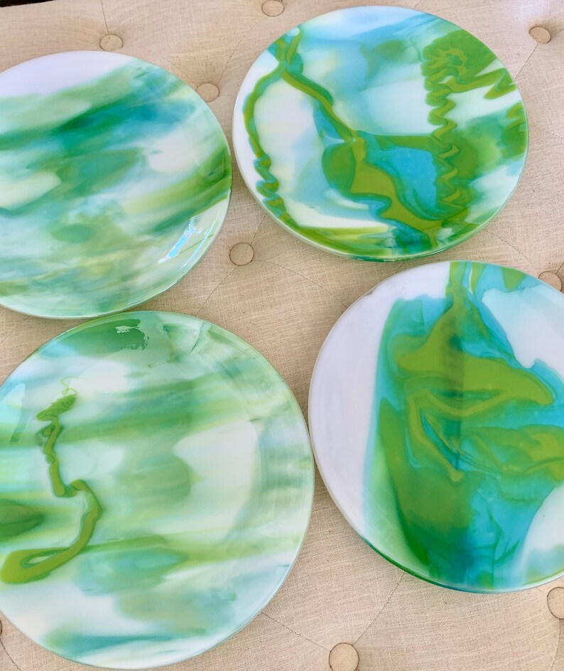 Art Glass Dinner Plates Set of Four Fused Art Glass Marble Etsy
