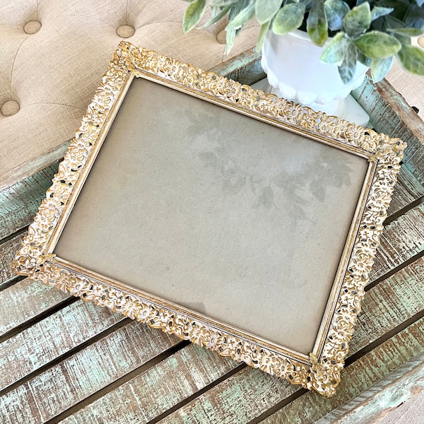 Vintage Mid Century Modern Gold Filigree Lace Wedding Picture Frame Gold Easel / Wall Hanging Picture Frame 8x10  TYCAALAK