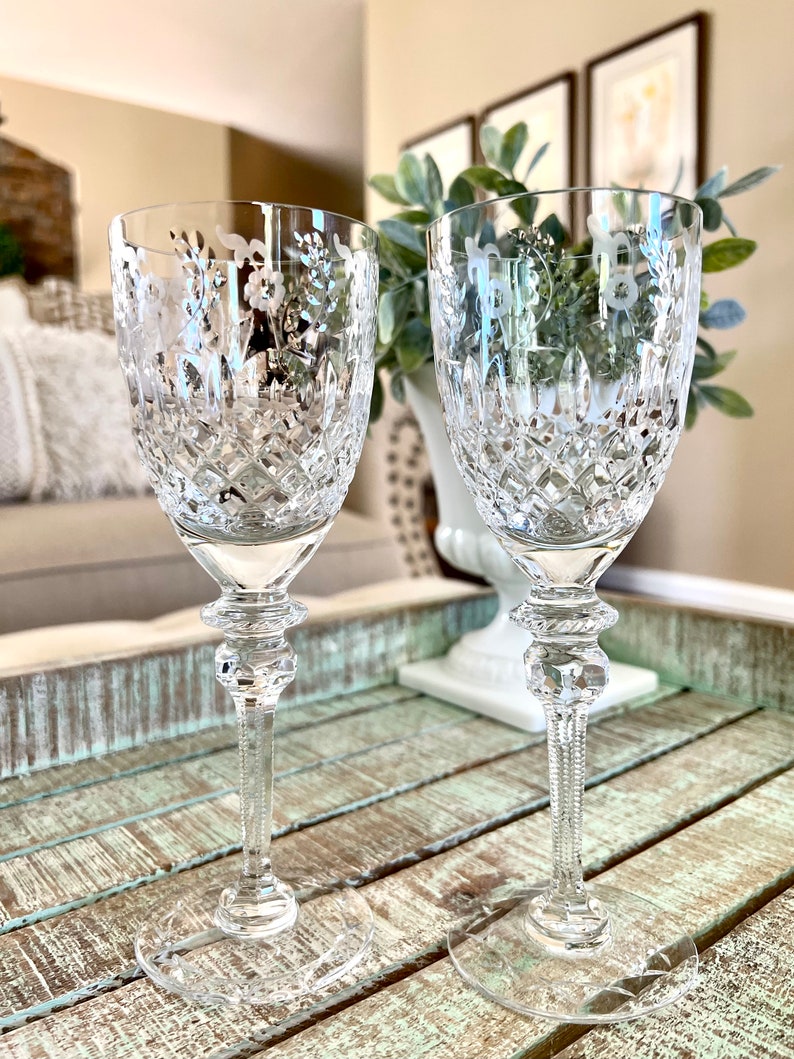Rogaska Crystal Set of 2 Wine Glasses Gallia Gray Cut Floral Etsy