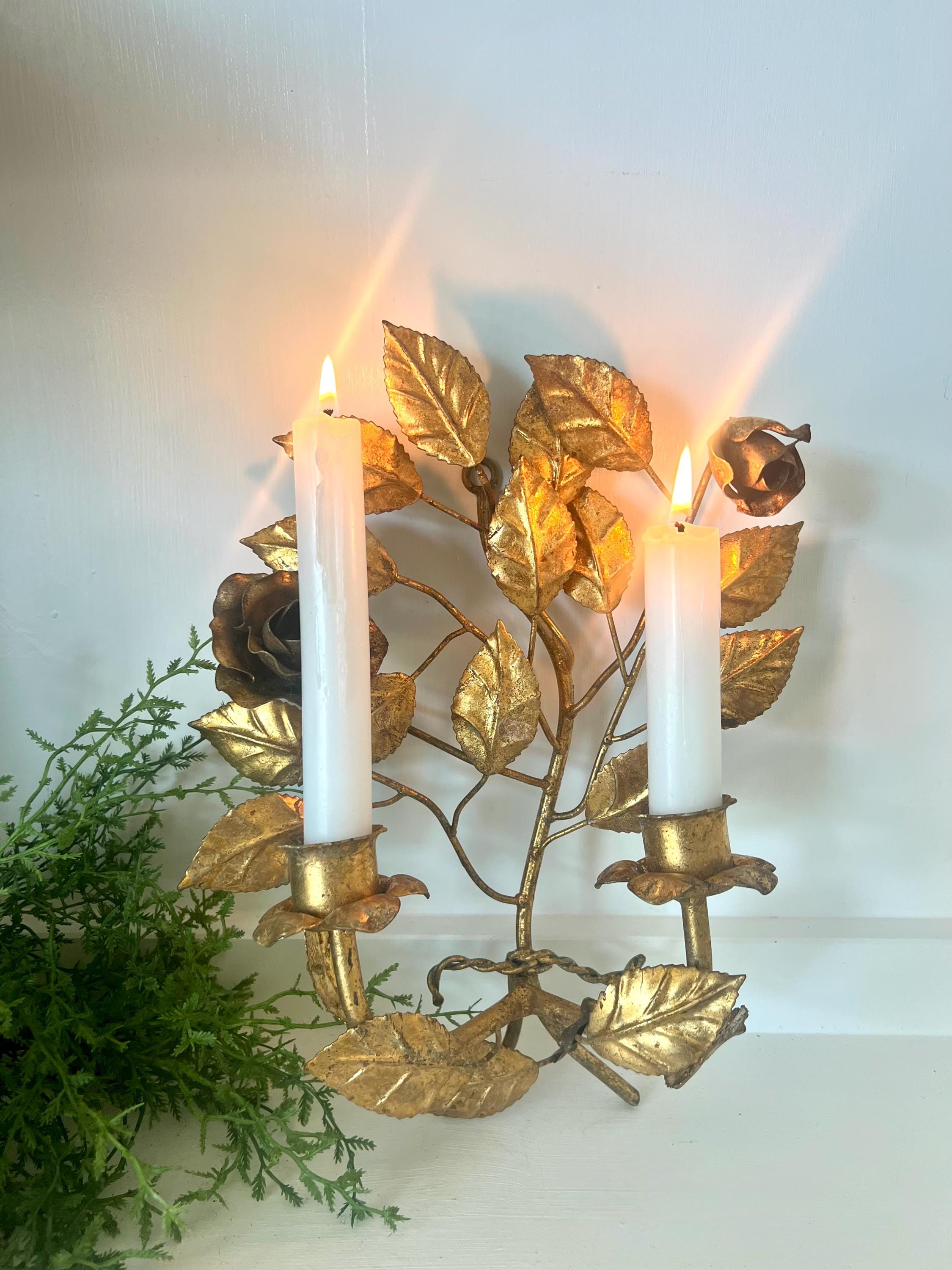 Vintage Italian Leaf & Roses Gold Gilt Tole Two Arm Taper  display picture 1