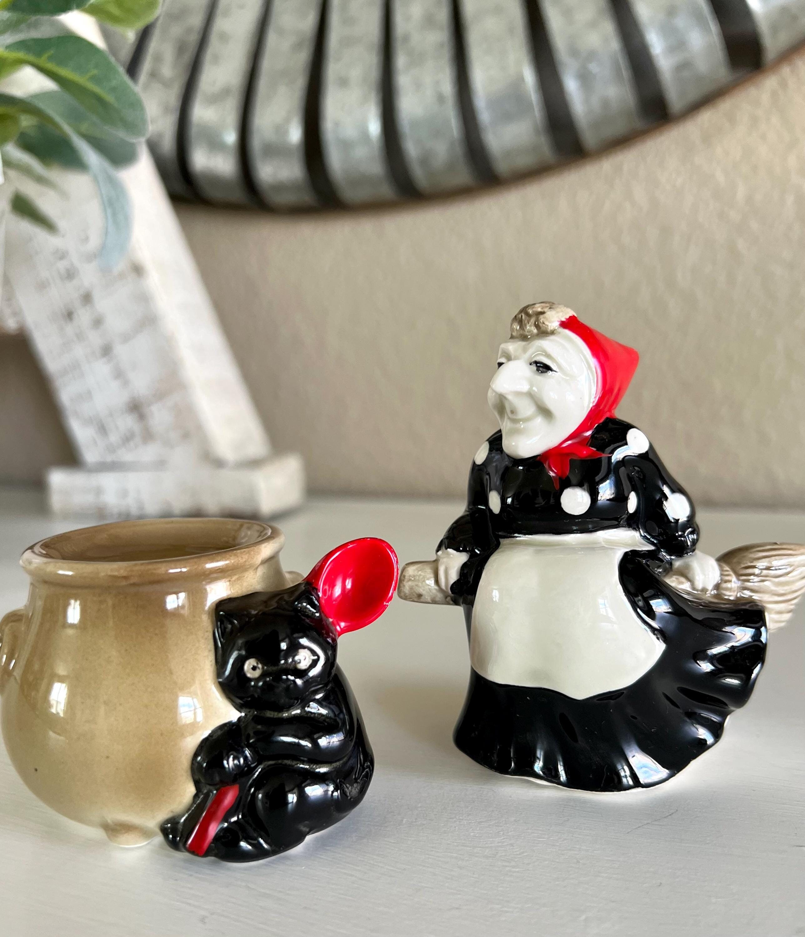 Vintage Fitz & Floyd Japan Witch on Broom and Black Cat Cauldron Vintage Fitz & Floyd Japan Witch on Broom and Black Cat Cauldron