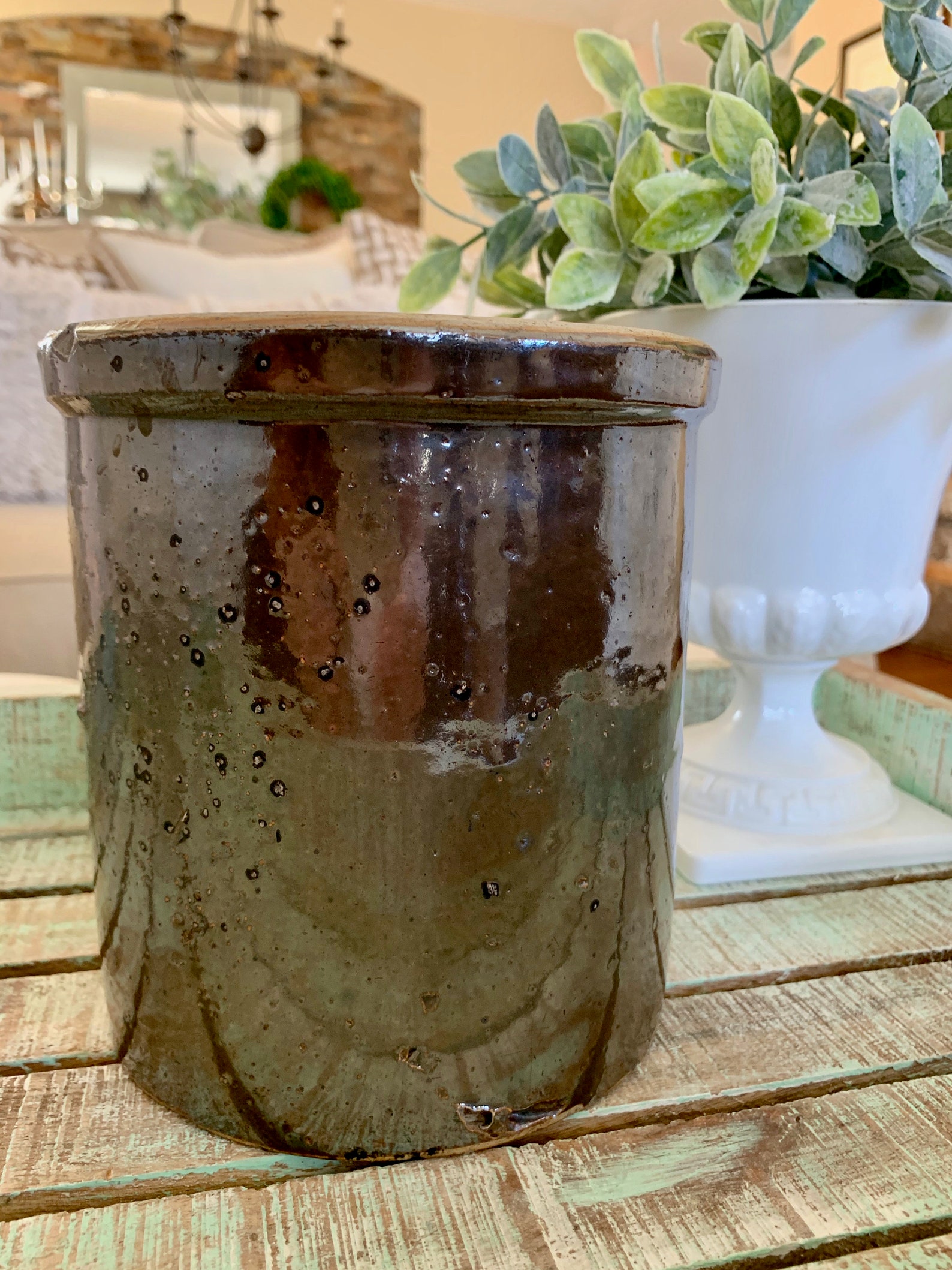 Rustic Dark Brown Crock Utensil Crock Stoneware Bumpy Shiny Etsy