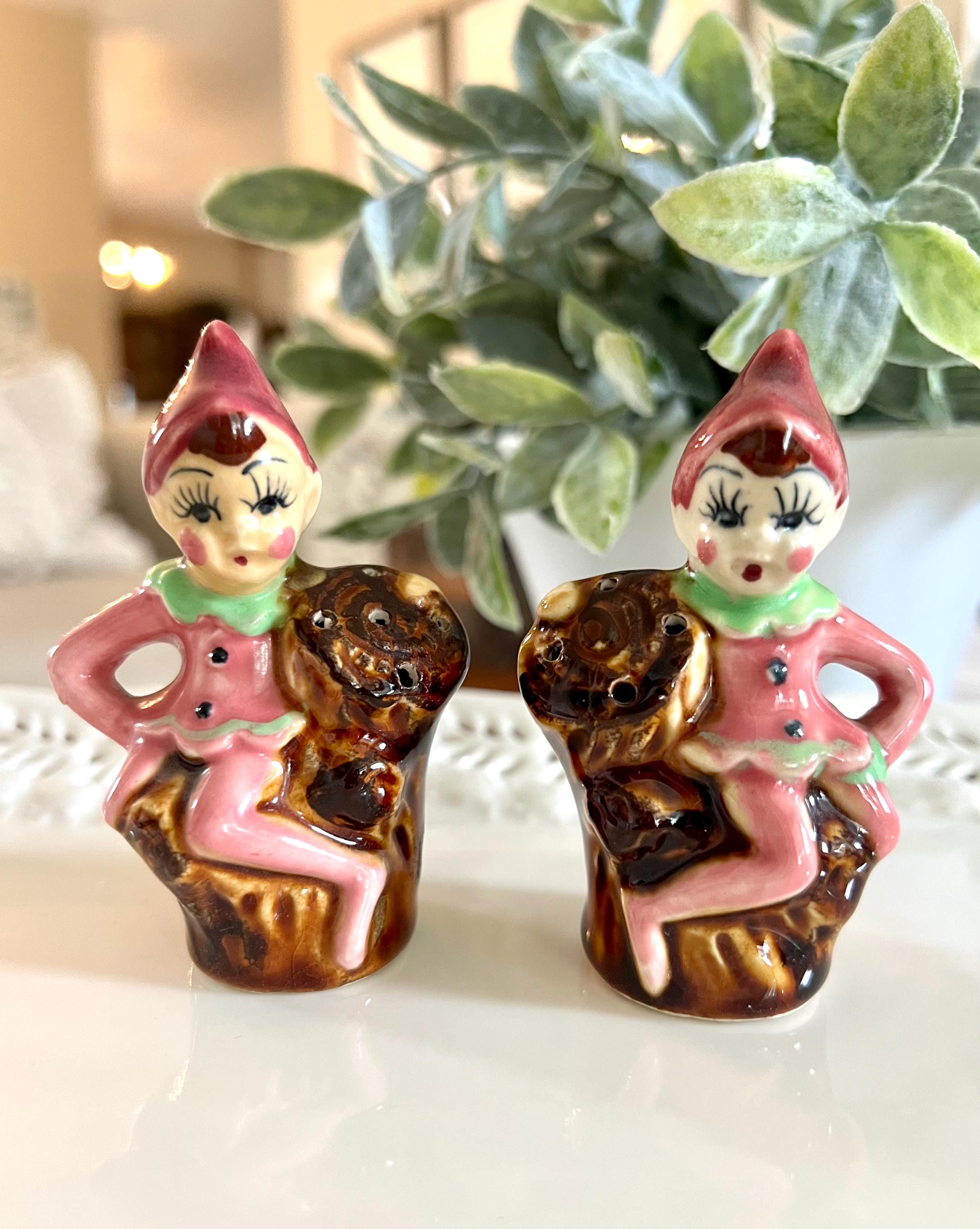 Vintage Pink Pixie Elf Salt & Pepper Shakers Japan - Mischief