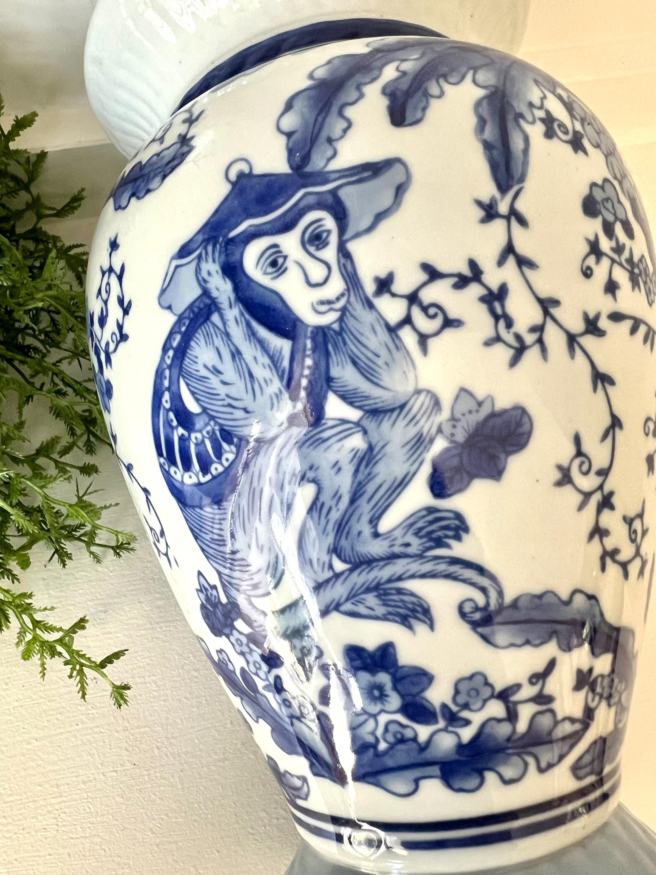 Vintage Chinese Blue and White Vase Chinoiserie Monkey, Speak No