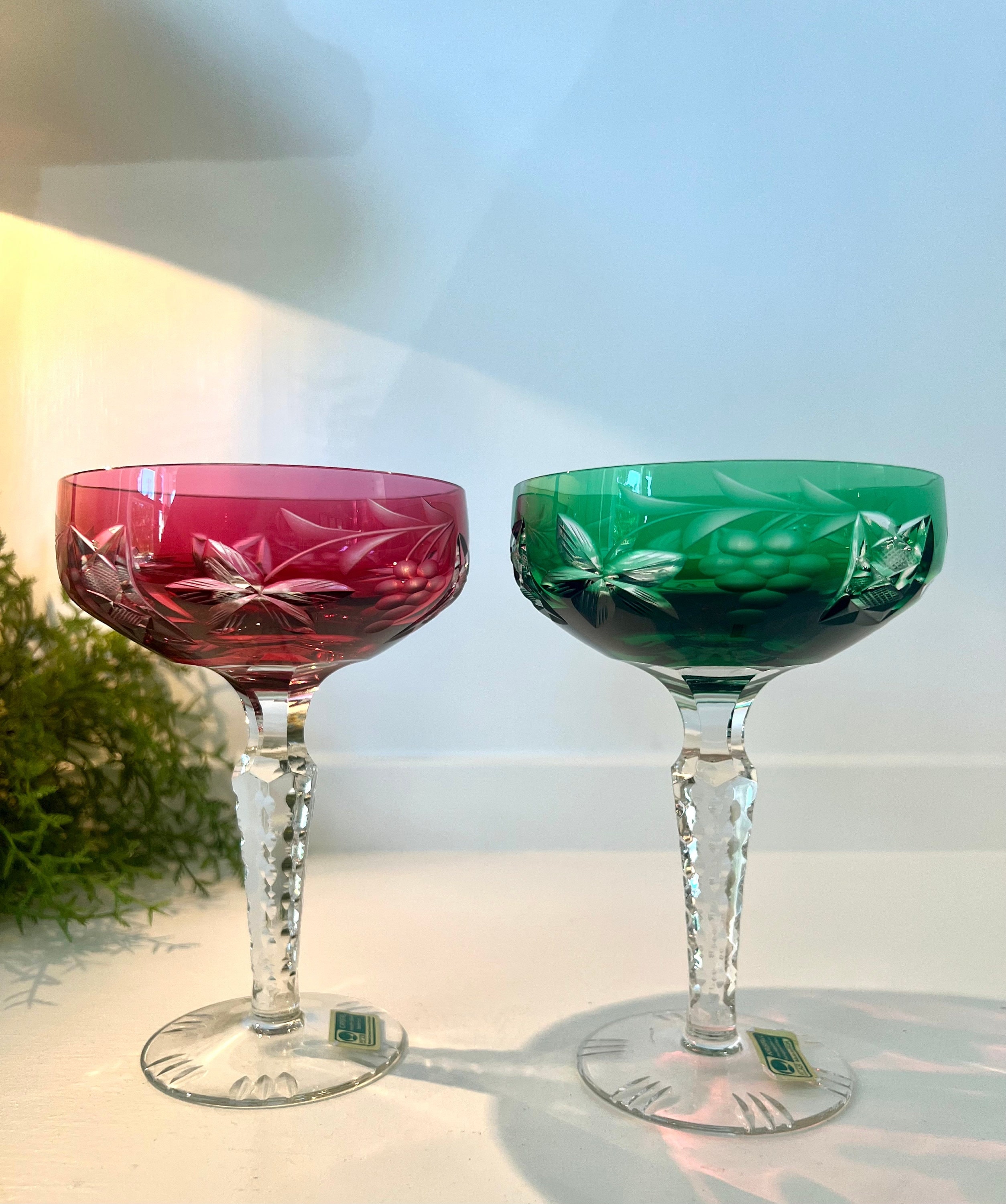 Two Lausitzer Cut to Clear Champagne / Sherbet Glasses Cranberry