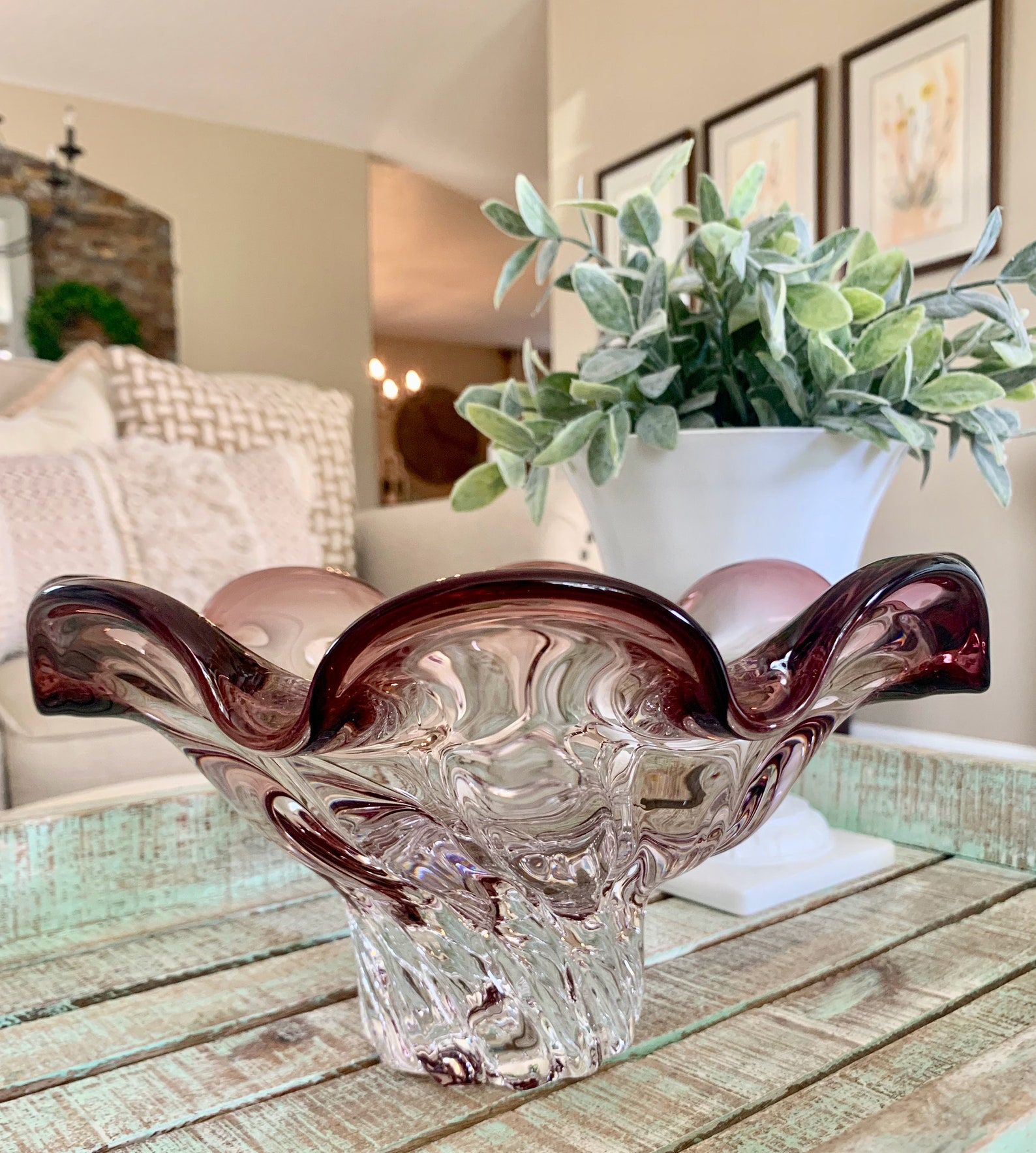 Large Vintage Art Glass Centerpiece / Bowl Free Form Twist Etsy