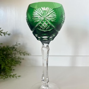 Anna Hutte Bleikristall West Germany Emerald Green Cut to Clear Tall Wine Hock 8 1/8 inches Wedding Hobstar TYCAALAK