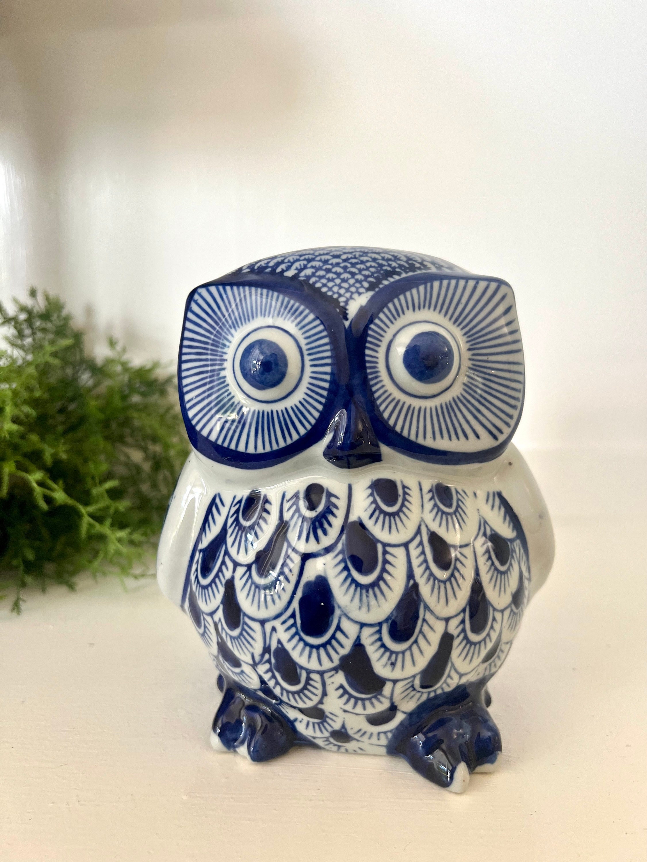 Vintage Blue and White Hand Painted Porcelain / Ceramic Owl