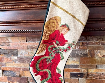 Vintage Completed Needlepoint Stocking Angel, Green Velvet Backing TYCAALAK
