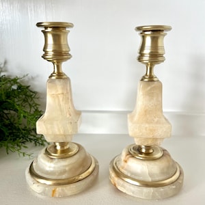 Vintage Brass and Marble / Natural Stone Candle Stick Holders, Round Base, Boho, Cottage Core, Dark Academia, Wedding TYCAALAK
