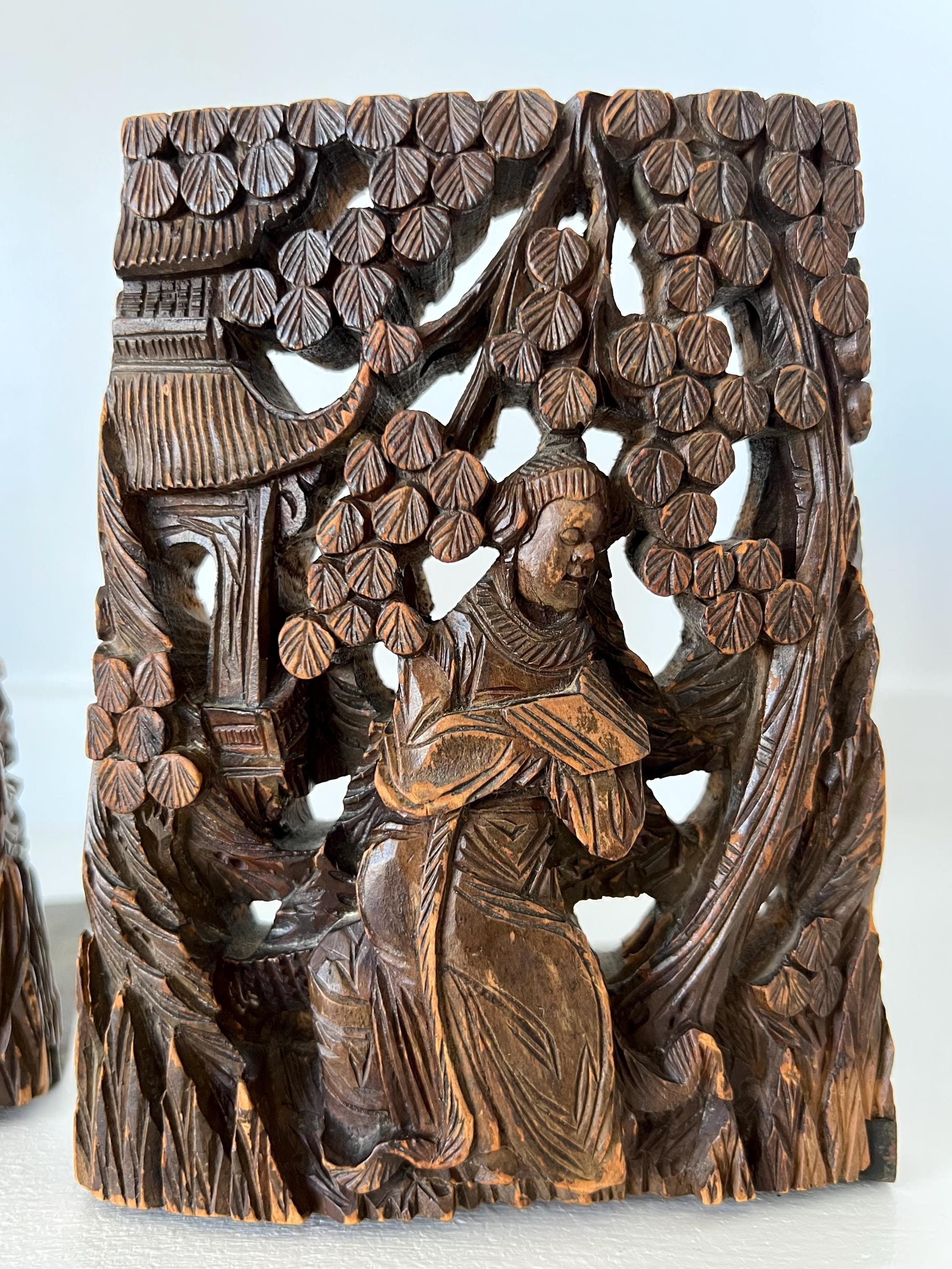 Vintage Pair of Chinese / Japanese Wood Hand Carved Figural