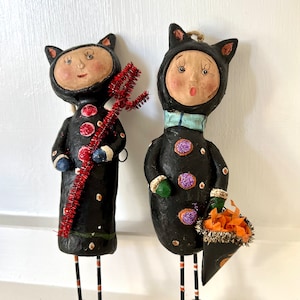 Vintage Kitty Devil and Kitty Witch Christmas / Halloween Trick or Treat Ornaments - Folk Art Christmas Tree TYCAALAK
