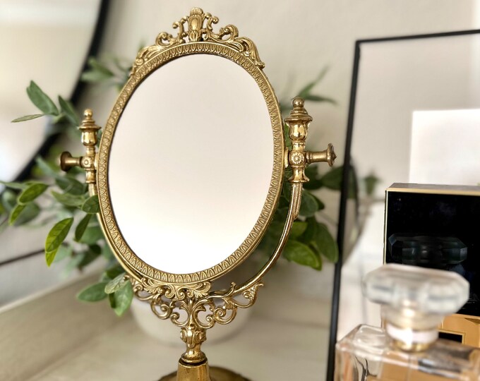 Vintage Brass Pedestal Vanity Mirror Makeup, Ornate Scrolls, Swivel