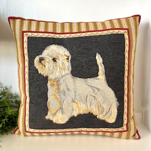 Vintage Borgata Tapestry Westie, West Highland White Terrier Pillow, Multicolor Striping, Caramel Brown Velvet Backing 18&quot;x18&quot; TYCAALAK