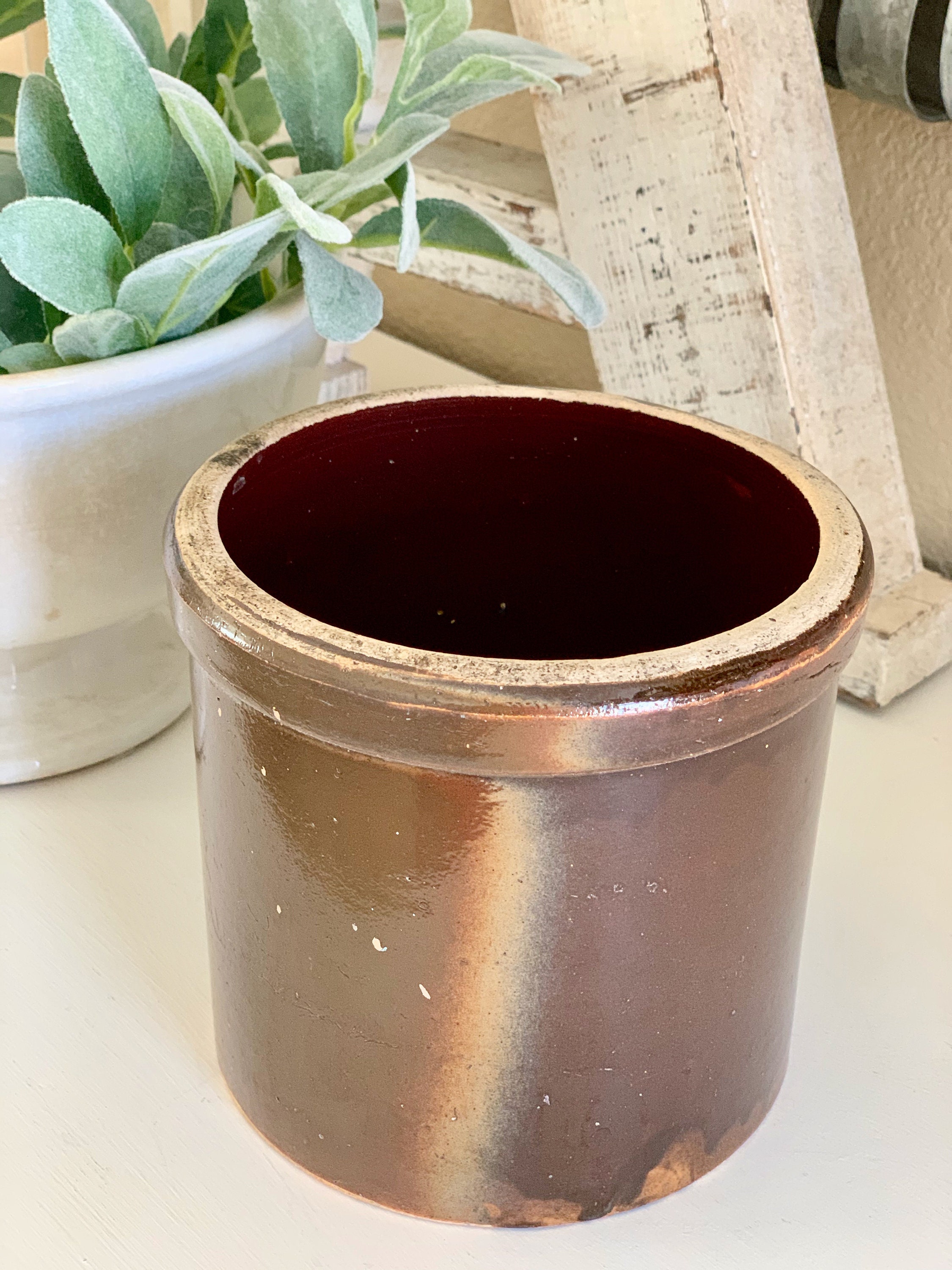 Rustic Dark Brown Crock Utensil Crock Stoneware Bumpy Shiny Etsy Polska