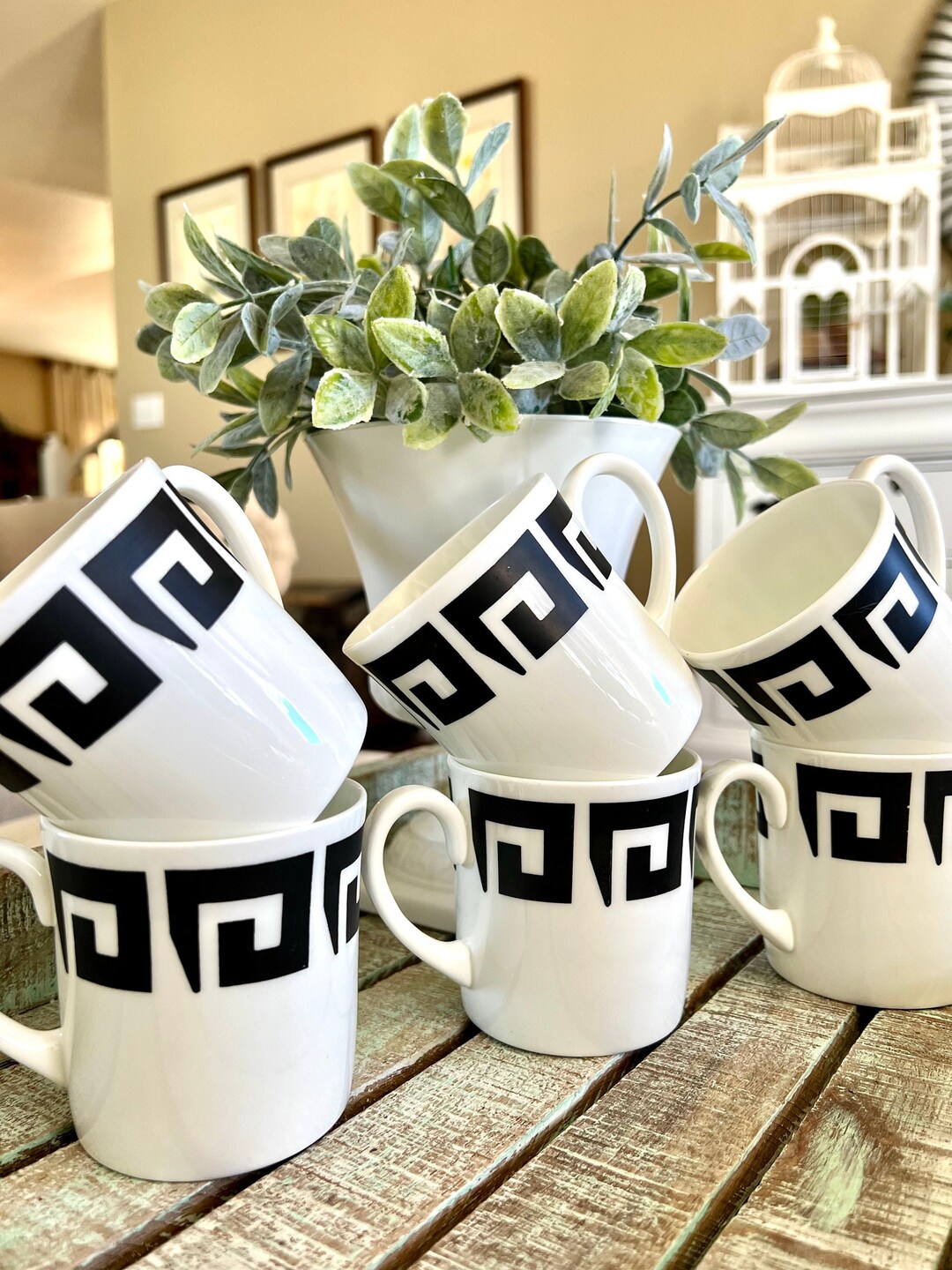 Six Wedgwood Cups Black Keystone Pattern Susie Cooper Designs Greek Key