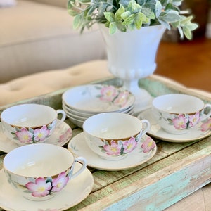 Noritake Japan Hand Painted Set of 4 Tea Cup and Saucer, and 4 Fruit Dessert Bowls Azalea Pattern TYCAALAK