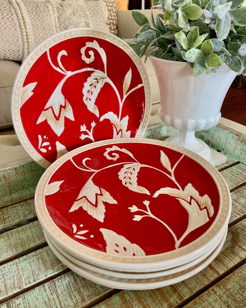 Fitz and Floyd Christmas Red White Floral Dessert Pie Plate set of 6 Town /& Country Pattern Holiday Entertaining TYCAALAK